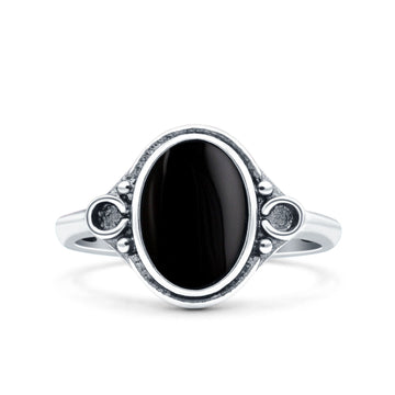 Vintage Style Petite Dainty Simulated Black Onyx Ring Solid Oval Oxidized 925 Sterling Silver